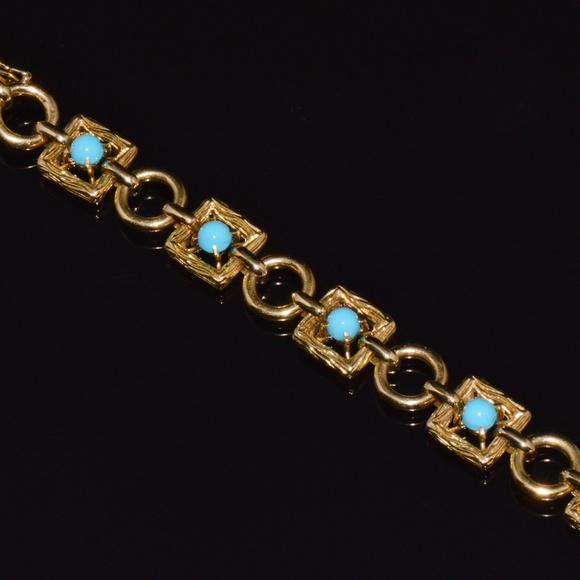 VINTAGE MID-CENTURY SOLID 18K GOLD & NATURAL PERSIAN TURQUOISE BRACELET - Picture 5 of 13